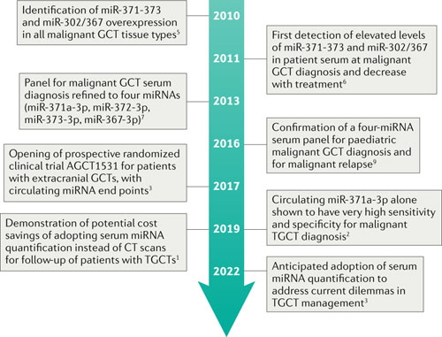 Timeline of work demonstrating the clinical utility of circulating microRNA assessment in malignant germ cell tumours. GCT, germ cell tumour; miRNA, microRNA; TGCT, testicular GCT.